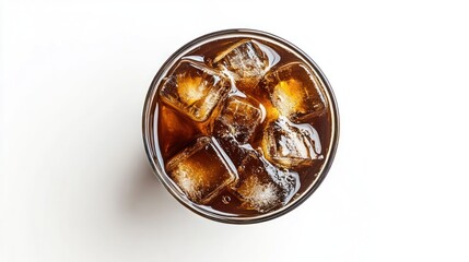 photograph of Glass of ice coffee isolated on white background from top view telephoto lens summer daylight cool color