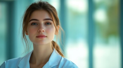 Fototapeta premium photograph of Portrait of young female pharmacist at hospital, telephoto lens summer daylight cool color