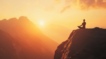 Man doing yoga on mountain, sunrise, minimal elements, clean background, copy space