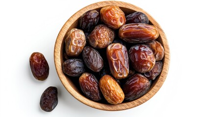 Close-up of a wooden bowl filled with assorted fresh dates on a white background, showcasing different textures and shades of brown and amber.