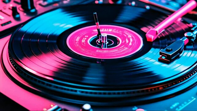 Black vinyl record on DJ player. Black vinyl background pink and blue label in center. Rotating plate close-up on turntable. Needle stylus. Macro Top view. Popular styles of disco from 90s, 70s, ... 