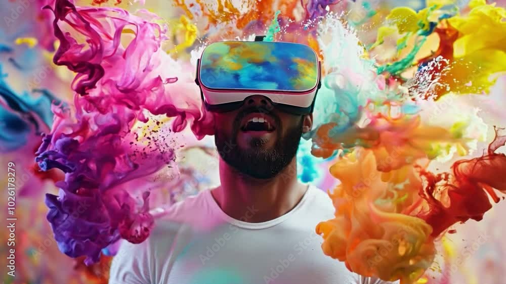 Poster a man engages with virtual reality while dynamic colors explode around them, creating an immersive e