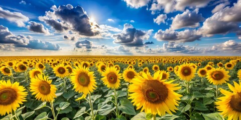 Fototapeta premium A radiant field of sunflowers flourishes under a bright blue sky adorned with fluffy clouds, showcasing the stunning beauty of nature's vibrant palette.