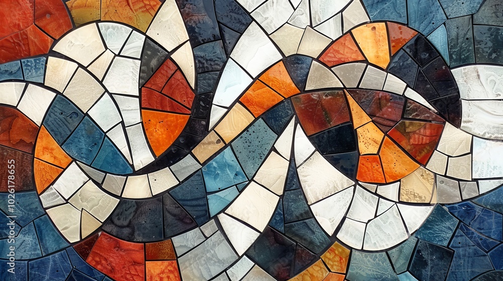 Poster colorful abstract mosaic design featuring swirling patterns and geometric shapes, creating a vibrant
