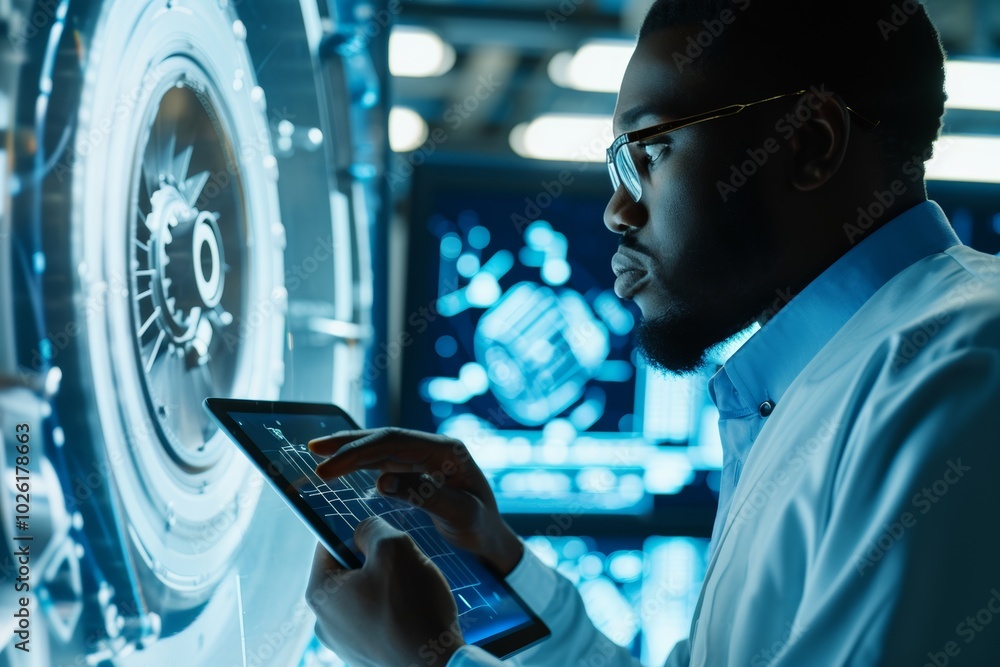 Poster a focused engineer interacts with a high-tech interface in a futuristic laboratory setting during a 