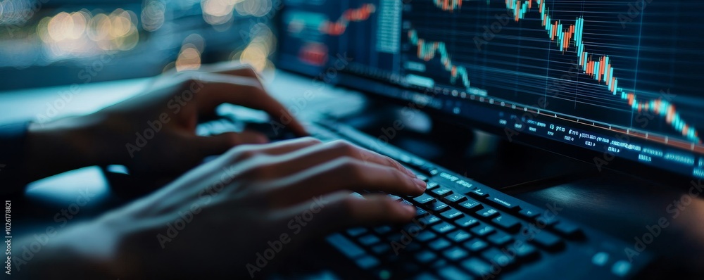 Aufkleber a person types on a keyboard while analyzing stock market data displayed on a computer screen, empha