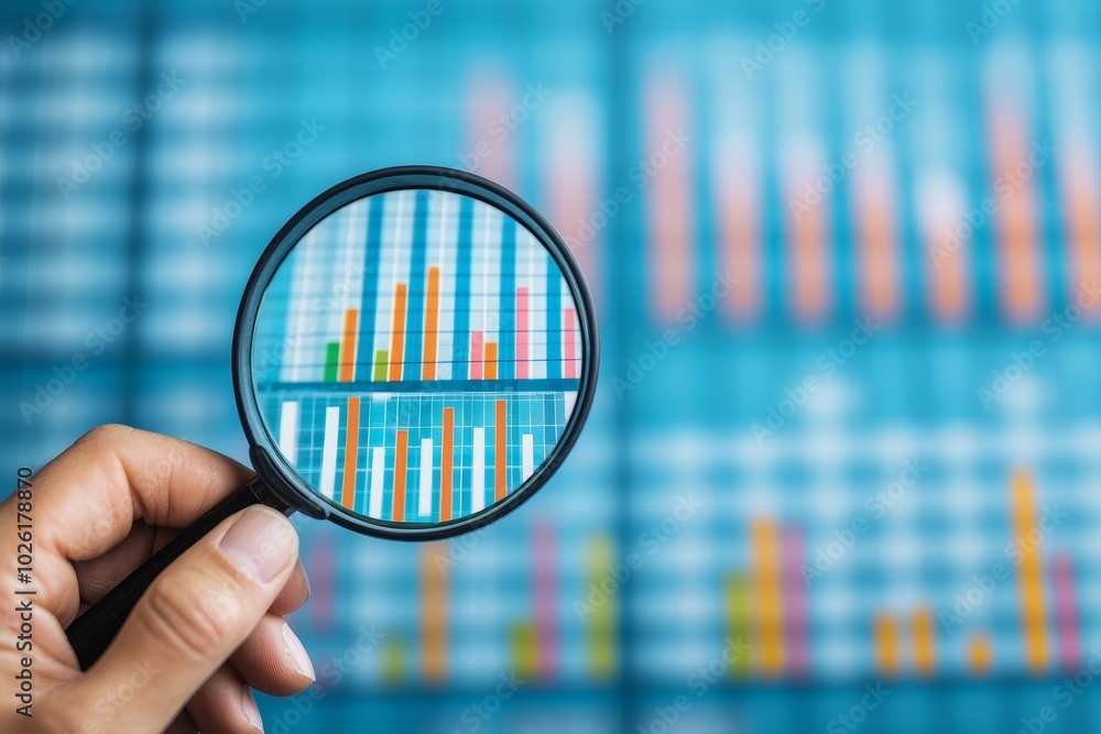Poster a person uses a magnifying glass to focus on colorful bar graphs displayed on a digital screen, emph
