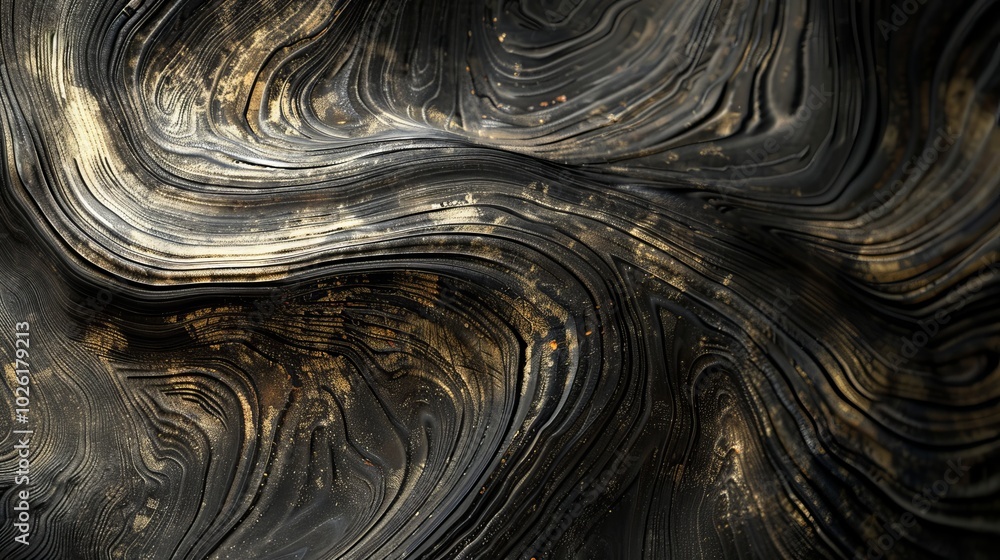 Poster abstract swirl of dark and metallic colors showcasing intricate patterns and textures in a minimalis