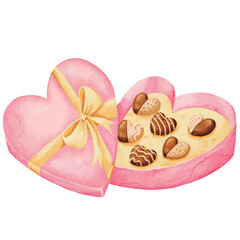 Box of chocolates. Pink watercolor box in the shape of a heart with chocolates inside. Watercolor illustration of gift wrapping for lovers. Postcard for Valentine's Day and other holidays
