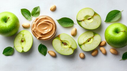 Green apples, peanut butter, and nuts on a white background.