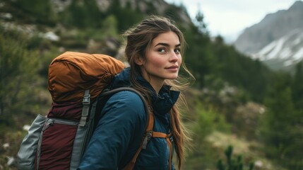 Portrait of active young traveler with sustainable gear Emphasizing eco-friendly travel gear and adventurous spirit, great for brands targeting the environmentally conscious traveler.