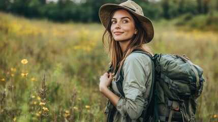 Portrait of active young traveler with sustainable gear Emphasizing eco-friendly travel gear and adventurous spirit, great for brands targeting the environmentally conscious traveler.