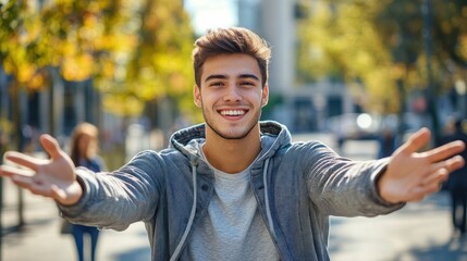 Portrait of an attractive young man, smiling confidently, stretching his hands forward as if welcoming a warm embrace, dressed in a trendy, modern outfit