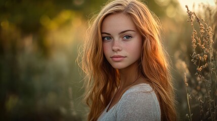 Naklejka premium Portrait of lovely woman in nature Commonly used for outdoor photography sessions, emphasizing natural beauty and serene environments.