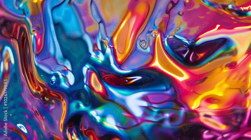 Poster vibrant abstract pattern with colorful reflections in fluid composition, showcasing a mix of hues an