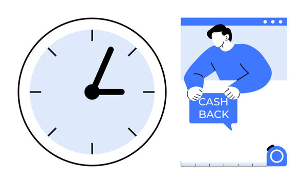 Clock and a person holding a cashback sign in a blue setting. Ideal for financial services, promotions, e-commerce, marketing campaigns, and time-sensitive offers. Simple vector style