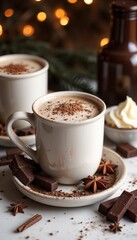 Delicious hot cocoa topped with whipped cream and chocolate treats in cozy setting