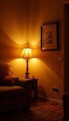 Warm ambient lighting in cozy living room with stylish furniture and decor