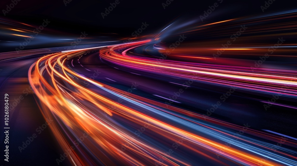 Poster colorful light trails create an abstract display on a dark background during a nighttime drive throu