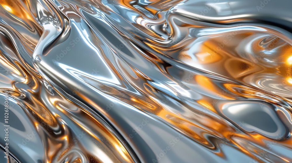 Poster fluid metallic design with shimmering reflections and vibrant colors in abstract art style