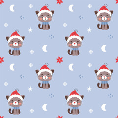 New Year's winter Christmas pattern with a gray cat in a New Year's hat on a blue background.