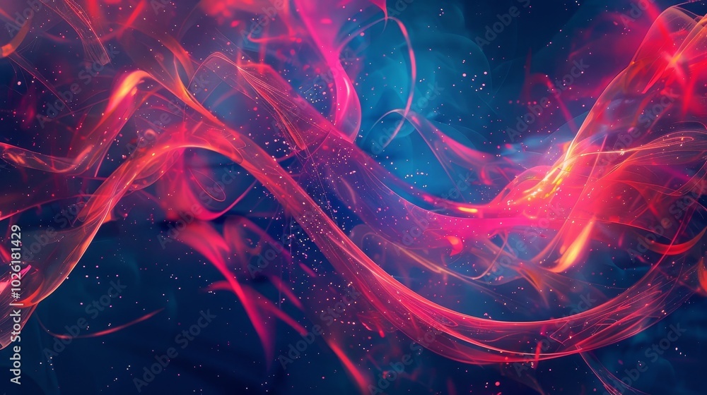 Poster colorful abstract wave pattern flowing through a cosmic background with glowing lights and vibrant h