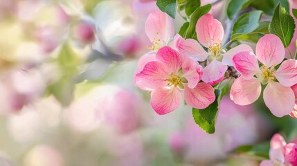 A branch of delicate apple blossoms with soft pink petals and fresh green leaves.