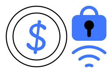 Black dollar sign inside a circle alongside a blue lock with a wireless symbol. Ideal for finance, cyber security, banking, technology, online transactions. Simplistic vector style