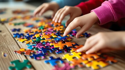 Obraz premium Children assembling colorful jigsaw puzzle pieces on a wooden table, fostering creativity and teamwork through play.