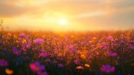 Naklejka premium Sunlit field with grazing animals at sunset - Showcasing a tranquil field with animals grazing peacefully as the sun sets, 