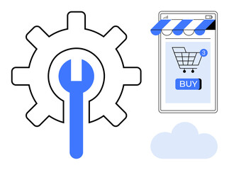 Large blue wrench inside gear representing tool and settings. Smartphone screen with shopping cart and buy button. Cloud icon at bottom. Ideal for e-commerce, app development, online shopping, cloud