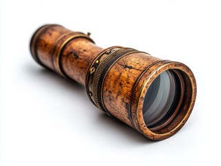 A wooden spyglass with brass detailing isolated on white background. 