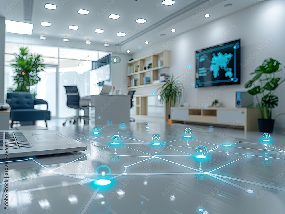 Poster laptop on a table with a network connection visualization