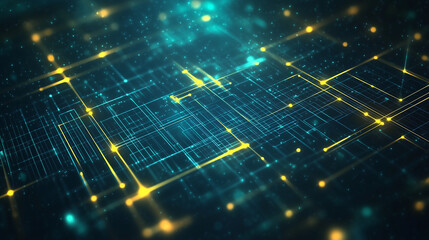 Obraz premium Futuristic glowing yellow and blue digital circuit grid.