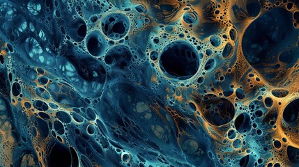 Abstract blue and orange liquid art with bubbles and varied textures in a mesmerizing underwater composition