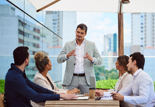 Presentation, meeting and business man in cafe for coffee sales representative, b2b management and team. Caffeine supplier, product specialist and market trends with people in restaurant for project