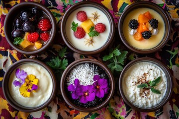 A colorful display of delightful desserts. This image shows six bowls filled with fresh fruit and creamy delights. Perfect for food lovers and desserts enthusiasts. Generative AI