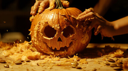 Person carefully carving a face into a Halloween pumpkin