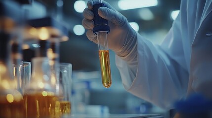 A scientist is holding a test tube filled with a yellow liquid