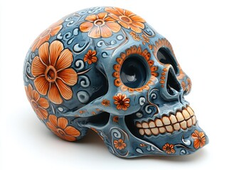 A Day of the Dead ceramic skull with marigold patterns isolated on white background. 