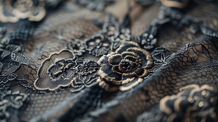 Obraz premium Intricate black lace fabric featuring floral patterns elegantly displayed in close-up view