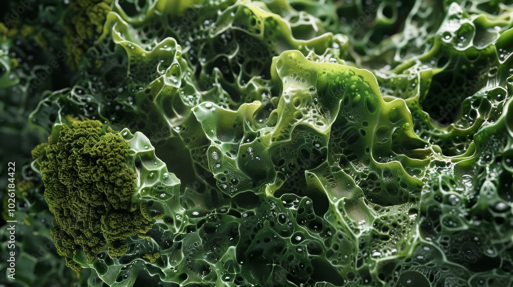Poster fascinating close-up of textured green surface with intricate patterns captured in natural light