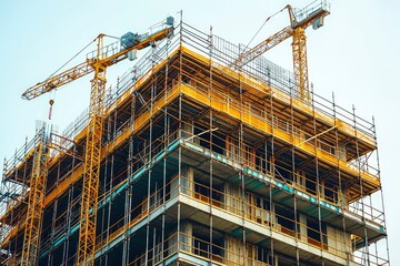 Construction Site with Two Tower Cranes and Scaffolding