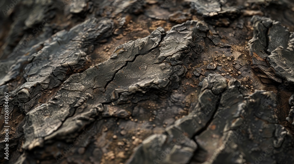 Poster detailed close-up of rustic bark texture on an ancient tree illuminated by soft natural light in a f