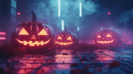 Fototapeta premium Synthwave inspired Halloween with pumpkins and geometric shapes, futuristic style. Retro futurism, 80s nostalgia, cyberpunk aesthetic. Celebration event or party banner, poster, invitation, card