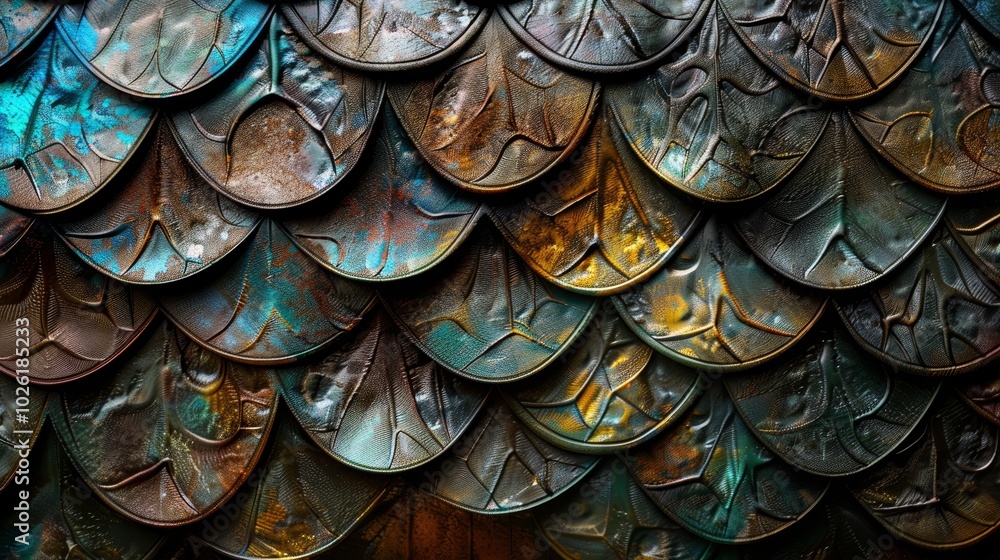 Poster detailed view of colorful dragon scale patterns on a fantasy creature's hide