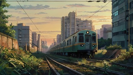 Naklejka premium ゲーム背景 夕方の下ローカル電車がとめられた田舎都市風景