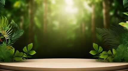 Obraz premium Podium background realistic nature colours with tropical forest plants and product show stage.