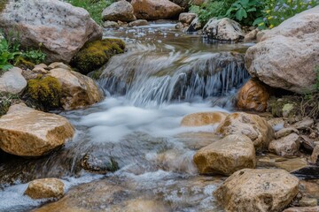 Refreshing Mountain Stream Surrounded by Green Moss