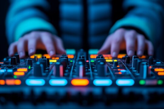 Close-up of a DJ's hands adjusting controls on a soundboard, surrounded by colorful neon lights.